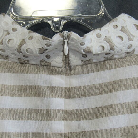 Eliza J Linen Cotton Mini Dress Size 12 Beige White Stripe Eyelet Coastal Resort - Picture 9 of 14